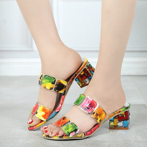 2020New Summer Women Multi Colors Sandals Fashion High Heels Open Toe Beach Flip Flops Ladies Crystal Heels Shoes Woman XWT1893